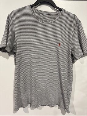 All Saints Men’s Grey & White Striped Crew Tee with Red Logo